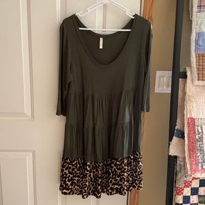 Army green and leopard print.  Boutique brand in large.  Washed worn 2 times